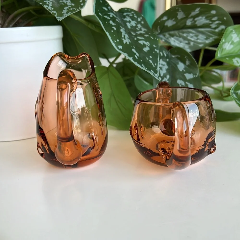 Blown Glass Sugar & Creamer Small Mini Vases Match Holders Vintage
